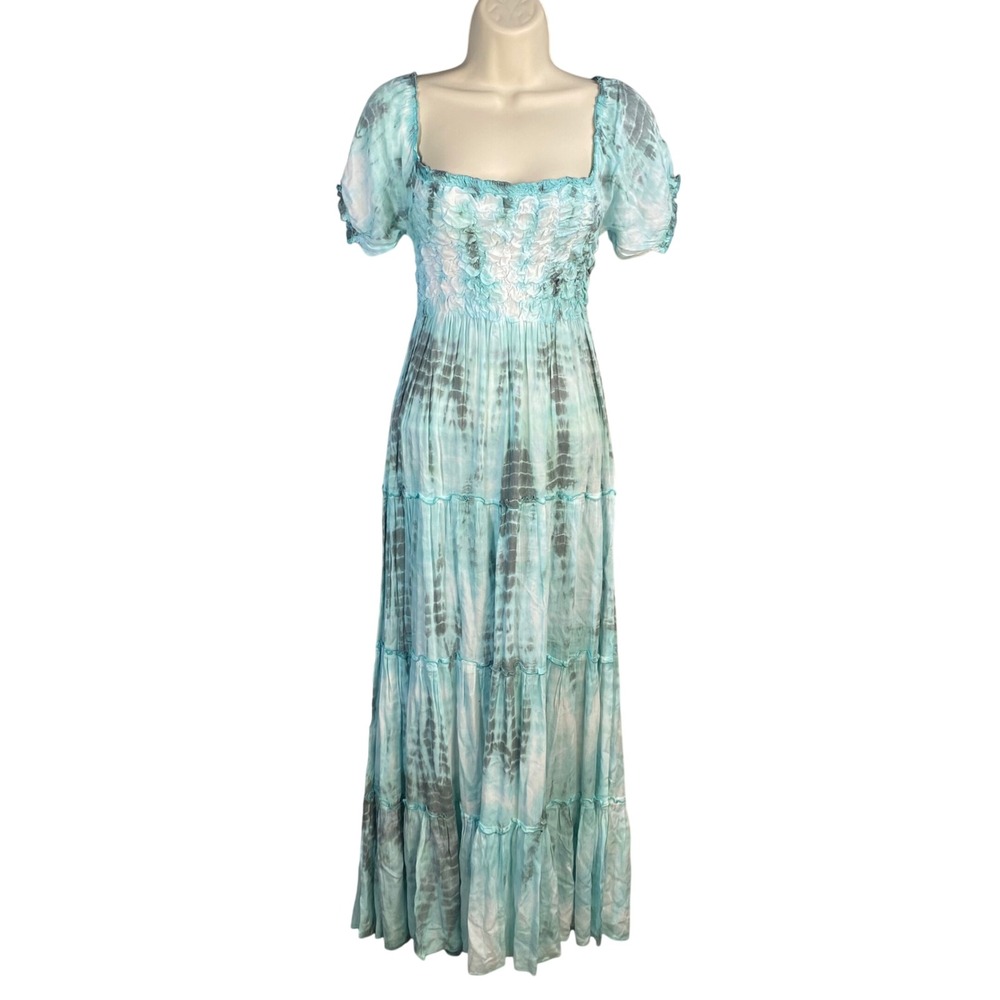 Lani Lau Tie Dye Maxi Dress Womens S/M Smocked Tiered Boho Coastal Cottage Beach